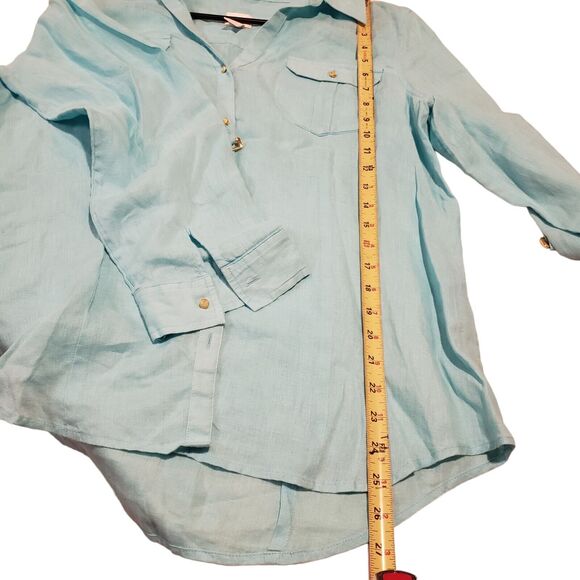 Chicos 1 Long Sleeve Light Aqua Shirt Blouse 100% Linen - Picture 4 of 10